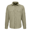 A khaki button-up shirt with a collar, featuring two chest pockets and long sleeves. Includes a logo.