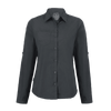 A long-sleeve women's shirt in dark grey, featuring a front pocket and a button-up design with a collar.
