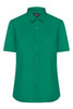 A short-sleeved button-up shirt in vibrant green with a collar and a front button placket. It features a logo.