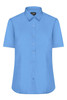 A light blue button-up shirt with short sleeves and a collar, featuring a logo.
