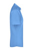 A side view of a light blue ladies button-up shirt made from poplin fabric, featuring a collar and short sleeves.