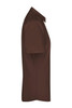 A side view of a short-sleeved brown ladies button-up shirt. The shirt has a collar and smooth fabric.