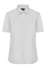 A light grey short-sleeve button-up shirt for women with a collar and a logo.