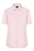A pink button-up ladies' shirt with short sleeves and a collared neck, featuring a front button closure and a logo.