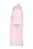 A light pink button-up shirt with short sleeves displayed from the side. Features a collar and a logo.