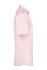 A light pink button-up shirt with short sleeves, featuring a collar and a logo on the side.