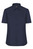 A short-sleeved button-up shirt in navy blue with a structured collar and a branding logo.
