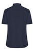 A dark navy blue button-up shirt with short sleeves and a classic collar, featuring a logo.