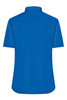 A blue short-sleeved button-up shirt with a smooth finish and a collar, featuring a logo.