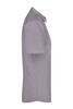 A short-sleeved ladies button-up shirt in a soft grey colour, featuring a collar and a logo.