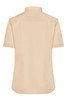 A beige, short-sleeved button-up shirt featuring a back yoke and a logo.