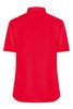 A red button-up shirt with short sleeves and a collar, featuring a logo on the back.
