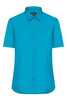 A button-up shirt in vibrant aqua blue with a collar and short sleeves. Features a logo on the label.