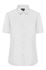 A button-up ladies shirt in white poplin fabric with short sleeves and a collar, featuring a logo.