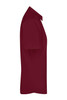 A burgundy button-up shirt for ladies, featuring short sleeves and a classic collar. It has a logo on the front.
