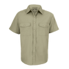 A short-sleeved shirt in olive green, featuring two chest pockets and a button-down front. It has a logo on the label.