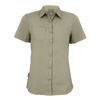 A short-sleeved, button-up women's shirt in a light green colour, featuring one chest pocket and a small logo.