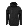 A black rain jacket with a hood, featuring front pockets and a zippered chest pocket. Includes a logo on the design.