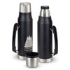 A drink bottle in matte black with a stainless steel top, accompanied by a matching cup and featuring a logo.
