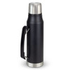 A drink bottle in matte black with a stainless steel base and a handle, featuring a silver cap and a logo.