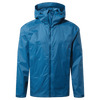 A packable rain jacket in a vibrant blue colour with a hood and zip closure, featuring a logo on the chest.