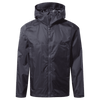 A packable jacket in black with a hood, featuring a front zipper and a logo on the chest.
