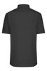 A short-sleeved black button-up shirt with a collar, featuring a plain back and a logo.