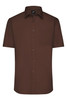 A short-sleeved button-up shirt in a rich brown colour with a chest pocket and a logo on the label.