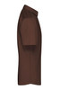 A brown short-sleeved button-up shirt featuring a collar and a subtle logo.