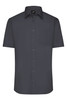 A short-sleeved, button-up shirt in dark grey with a pocket and a logo on the label.