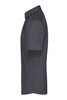 A short-sleeved men's button-up shirt in dark grey, showcasing a classic collar and a minimalist design.