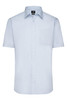 A light blue short-sleeve button-up shirt with a single chest pocket and logo branding.