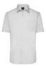 A short-sleeved, light grey button-up shirt with a single pocket and a logo on the label.