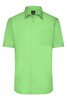 A short-sleeved button-up shirt in bright green with a chest pocket and a logo on the label.