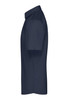A short-sleeved button-up shirt in navy blue, featuring a collar and a side view. Includes a logo.