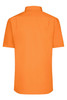 An orange short-sleeve button-up shirt featuring a classic collar and a smooth poplin fabric. It has a logo.