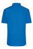 A blue short-sleeve poplin button-up shirt with a collar and a logo on the back.