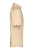 A light beige short-sleeved button-up shirt displayed from the side. Includes a collar and features branding.