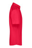 A red short-sleeved button-up shirt, featuring a collar and a sleek, simple design. It has a logo on the fabric.