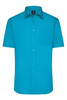 A short-sleeved button-up shirt in a bright turquoise colour with a single chest pocket and a logo.