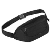 A black waist pack featuring a zippered compartment and an adjustable strap. It has a logo on the front.