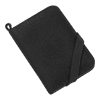 A black card wallet with a textured surface and an elastic strap closure. It features a logo on the front.