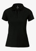 A black women's polo shirt featuring a collar and short sleeves, with a logo on the chest area.
