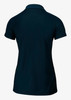 A navy women's polo shirt featuring a classic collar and short sleeves, with a logo on the back.