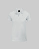 A white women's polo shirt with a classic design and a logo on the label.