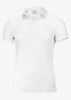 A white polo shirt featuring a collar and a logo on the side. Suitable for casual wear or sporting events.