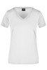 A white ladies' t-shirt with a v-neck and short sleeves, featuring a branding logo.