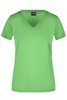 A bright green ladies' T-shirt with a V-neck design and a logo.