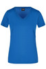 A blue V-neck T-shirt for women, featuring a standard fit and logo branding.