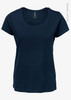 A navy blue women’s t-shirt with a round neck and short sleeves, featuring a logo on the tag.
